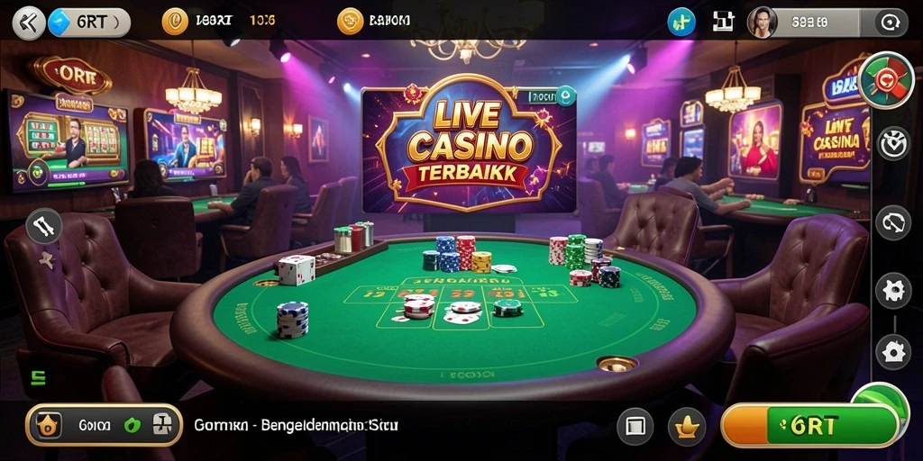 Screenshot gameplay 6RT menampilkan dealer live dan suasana kasino yang autentik.