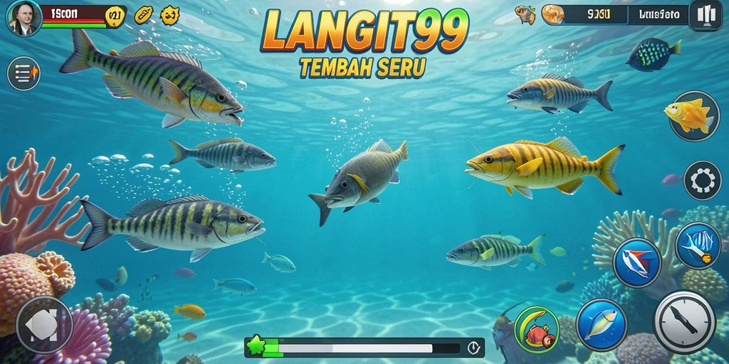 Screenshot gameplay LANGIT99 dengan berbagai ikan yang menari.