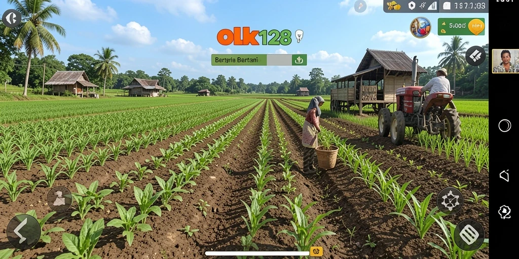 Screenshot utama OLX128 menunjukkan pengalaman bertani yang menyenangkan dan interaktif.