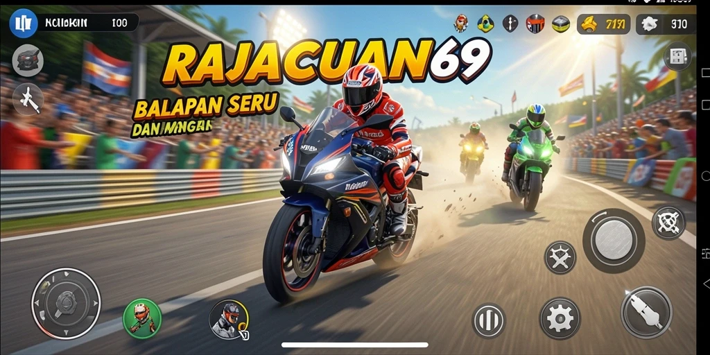 Screenshot utama RAJACUAN69 menampilkan kecepatan balapan motor yang mendebarkan.